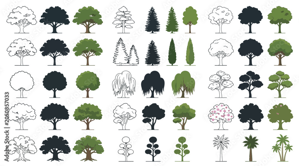 Fototapeta premium Collection of various tree silhouettes and illustrations