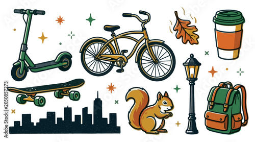 Vibrant collection of urban and nature-themed illustrations including a scooter, bicycle, skateboard, and a cute squirrel on a white background