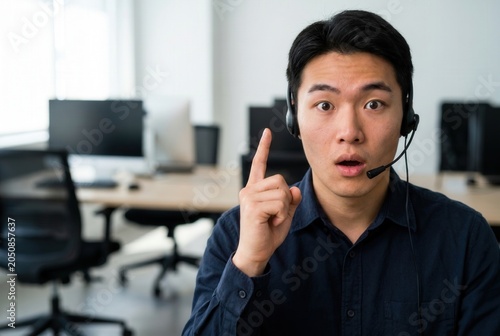 Asian man with headset having a surprising idea at customer support office