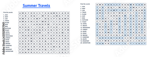Summer travel word search puzzle with hidden words and grid  