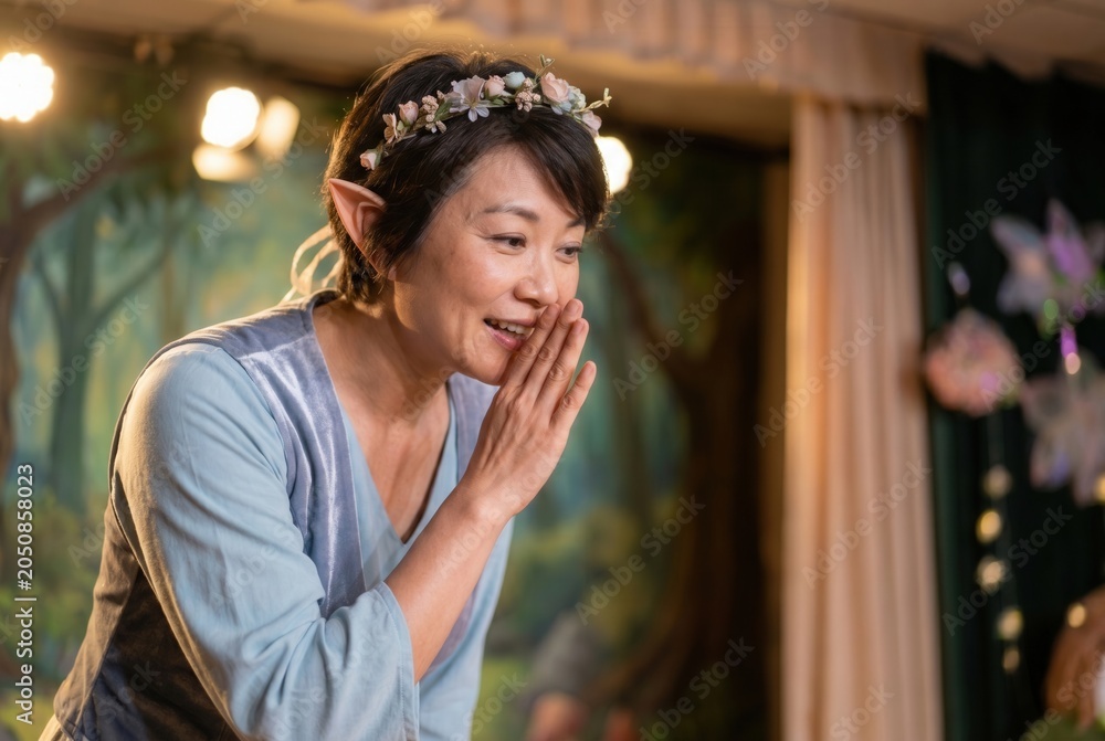 Obraz premium Woman in elf costume wearing flower crown, performing fantasy storytelling on stage