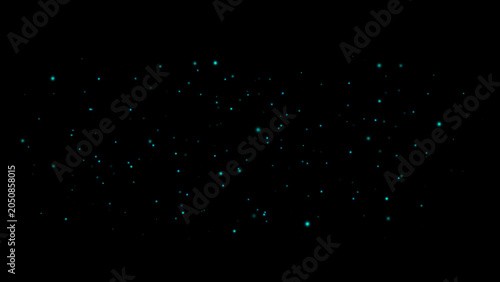 Turquoise glitter dust horizontal overlay on black background. Bright sparkling particles with cool glowing effect and luminous atmosphere.