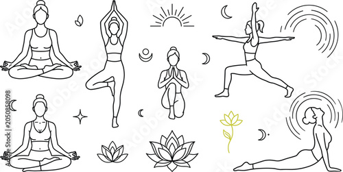 Konstfotografi Yoga poses meditation mindfulness and wellness line art vector icons collection