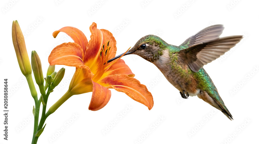 Fototapeta premium A vibrant hummingbird in flight hovering near a bright orange lily flower, captured in detail against a white background, showing colorful feathers and wings isolated on a transparent background