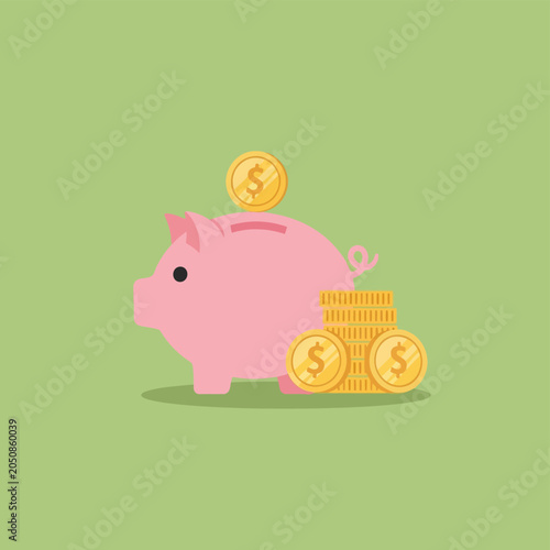 Pink piggy bank with gold coins, saving money concept