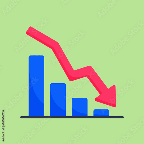 Red arrow falling on bar chart, economic recession concept