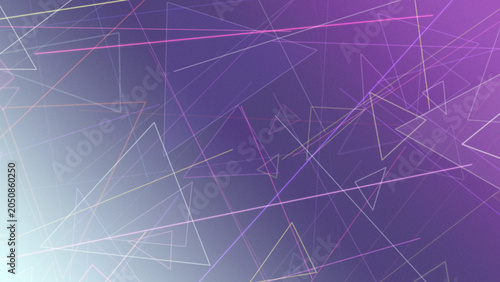 An abstract futuristic network of thin geometric outlines and triangles glows in purple and blue, evoking innovation with a soft light haze background and space.