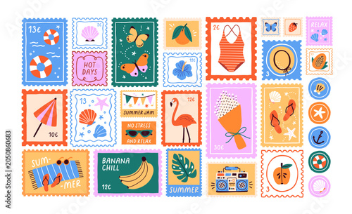 Summer travel postmarks set. Post stamps, postal marks from sea resort, beach...