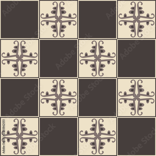 Seamless geometric tile pattern featuring symmetrical ornamental motifs in cream and brown tones. Inspired by vintage ceramic tiles and classic decorative designs. Elegant retro style