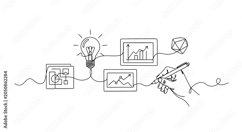 Fototapeta premium Creative hand-drawn digital marketing strategies with growth analytics and innovative ideas illustrating business development