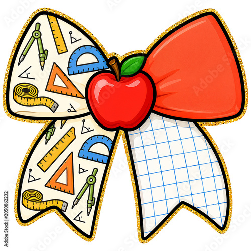 Cute Back to School Glitter Bow with Apple and Geometry Supplies Pattern