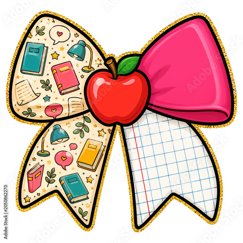 Festive Glitter School Bow with Books and Bright Red Apple