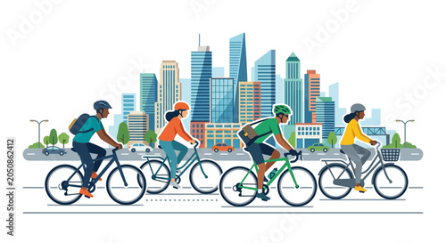 Diverse group cycling in a modern city with skyscrapers, urban lifestyle, active transport