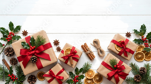 Festive Christmas gift boxes wrapped in natural brown paper with vibrant red ribbons decorated with dried orange slices pine cones holly branches and cinnamon sticks on a rustic white background