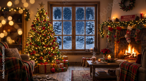 Decorated christmas tree with glowing warm lights and colorful ornaments stands brightly in a cozy rustic living room featuring a crackling fireplace and snowy window view during a winter evening