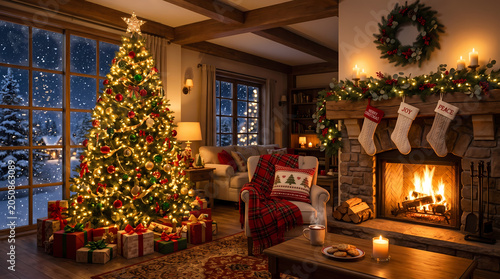 Decorated christmas tree glowing with warm lights beside a cozy stone fireplace in a rustic living room featuring snowy window views and festive presents arranged neatly on the wooden floor
