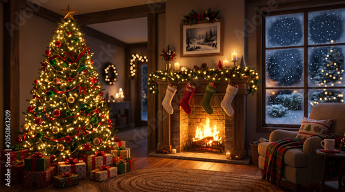 Ornate christmas tree glowing with warm golden lights stands beside a cozy stone fireplace adorned with colorful stockings and wrapped gift boxes in a beautifully decorated festive living room interio