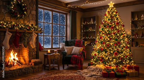 Traditional christmas living room interior with a glowing decorated pine tree stockings hanging on a rustic stone fireplace and warm golden lights creating a cozy festive atmosphere for the holidays.