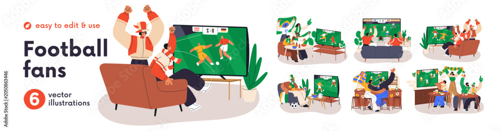 Fototapeta premium Happy football fans watching match on TV set. Friends gathering, supporting sport team, celebrating goal. Soccer game on television. Flat graphic vector illustrations isolated on white background