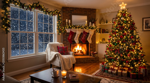 Decorated christmas tree glowing with warm lights next to a cozy fireplace with hanging stockings and a comfortable armchair inside a festive living room during a snowy winter night scene.