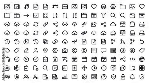 Collection of various black line icons on for interface design