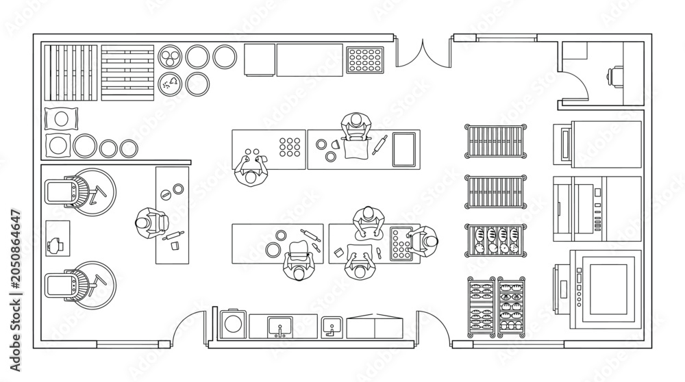 Fototapeta Top view of a professional bakery kitchen layout with bakers working at tables and equipment