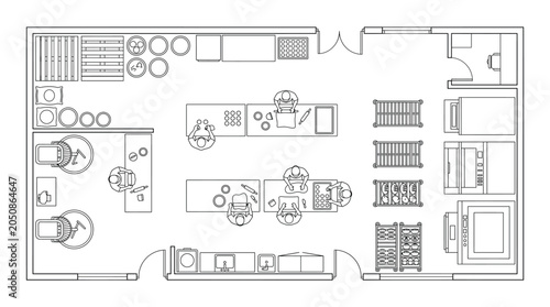 Top view of a professional bakery kitchen layout with bakers working at tables and equipment