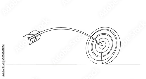 Minimalist black and white illustration of an arrow hitting bullseye on a circular target