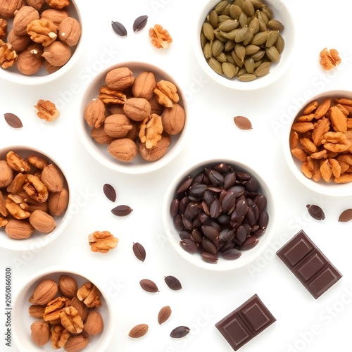 Top View of Healthy Gut Foods Including Walnuts, Pumpkin Seeds, and Dark Chocolate in Small White Bowls