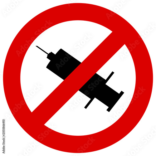 Señal de prohibido jeringuillas, icono de prohibición de drogas o sustancias inyectables sobre fondo transparente.