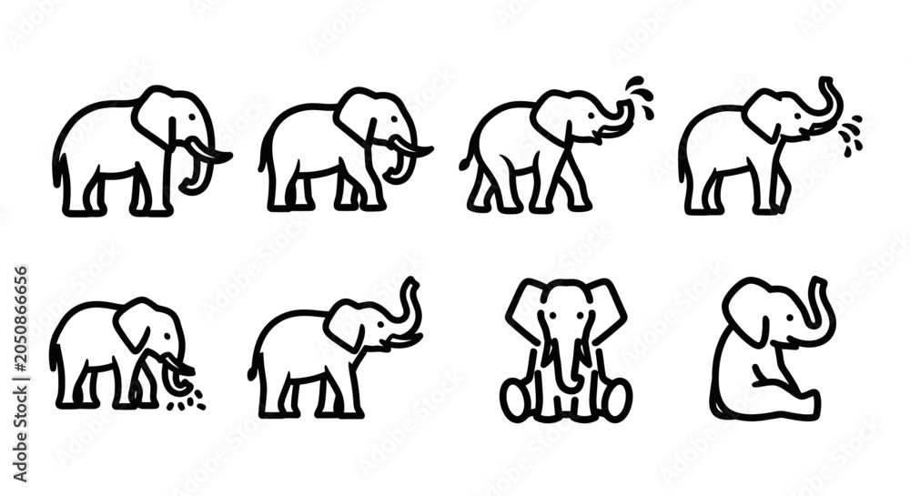 Obraz premium Collection of Adorable Elephant Outline Icons in Various Playful Poses and Activities