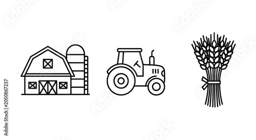 Farm Building Tractor And Wheat Sheaf Line Icons On White Background