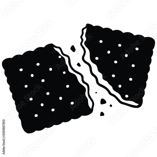 Broken cracker vector silhouette illustration representing snack food with many crumbs.