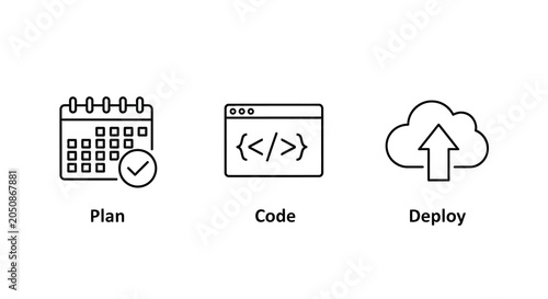Plan Code And Deploy Icons Black Line Style On White Background