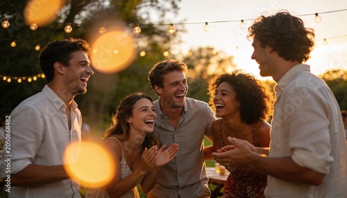 Laughing friends wearing summerwear chatting in backyard at dusk by picnic table and string lights