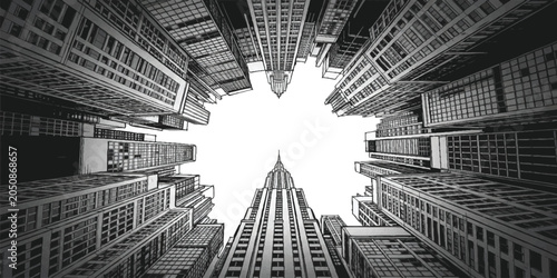Photos Low angle view of tall city skyscrapers looking up at the sky in a big urban met