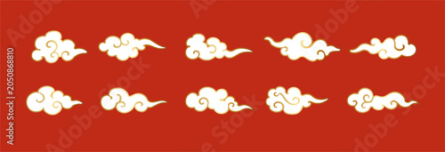 Oriental sky motifs with decorative swirls and waves. Red and gold Asian symbols in traditional style. Vector set of cultural elements for backdrop and graphic design.