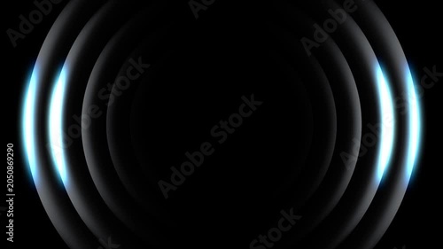 Glowing light radio circles. Round tunnel effect coming out from depth. Pulsating concentric circles sound waves loop animation. Black cyber space background.