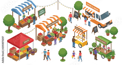Foto Isometric Farmers Market Vector Illustration with Local Produce Stalls Food Truc