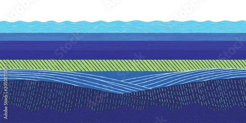 Tableau sur toile Abstract illustration of layered soil and ground strata with blue water levels a
