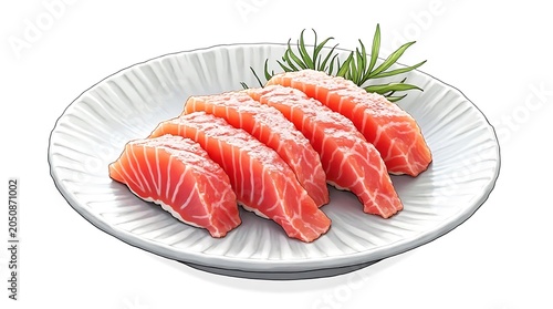 Fresh Raw Pork Chops Slices on White Plate with Sprig Rosemary