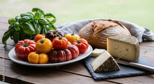 Fresh tomatoes, bread, cheese, and greens on rustic table