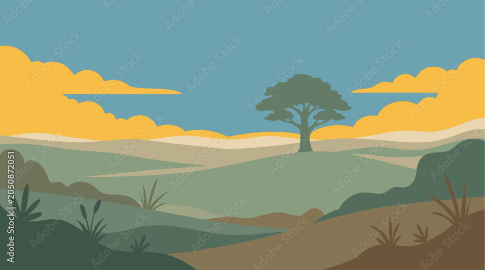 Fototapeta premium Stylized flat vector illustration of a single tree standing prominently in a vast, undulating landscape under a blue sky with orange clouds