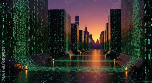 Futuristic digital city street with glowing binary code and sunset skyline