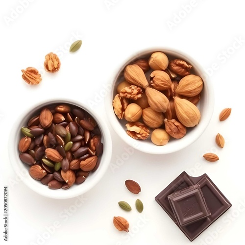 Top View of Healthy Gut Superfoods Featuring Nuts, Seeds, and Dark Chocolate in Small White Bowls