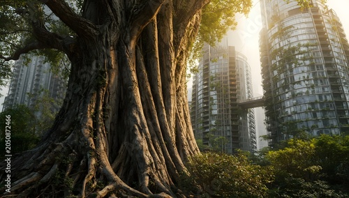 Giant Banyan Tree Trunk in Modern Eco Friendly City Landscape