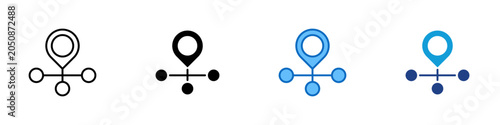 Location Network Multiple Style Icon Design Vector - Location pin with connected nodes representing network mapping, location services, and connected mobility infrastructure