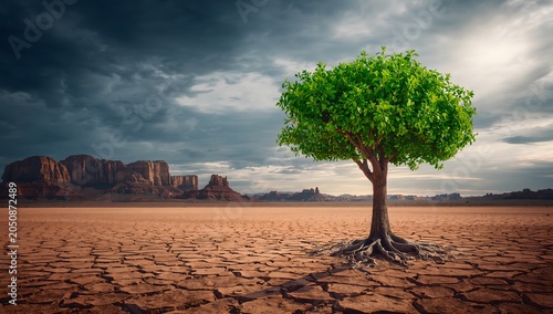 Solitary green tree thriving in a cracked desert landscape under a dramatic storm sky