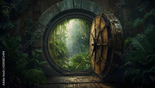 Open Safe Vault Door Revealing a Lush Green Jungle Secret