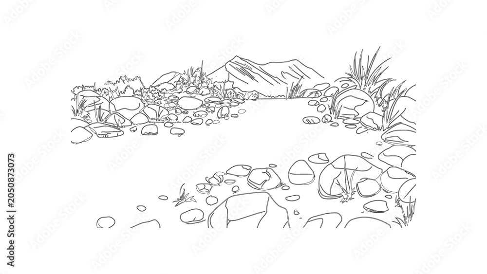 Fototapeta premium Outline sketch of mountain landscape with rocks and sparse vegetation, wilderness scenery doodle.